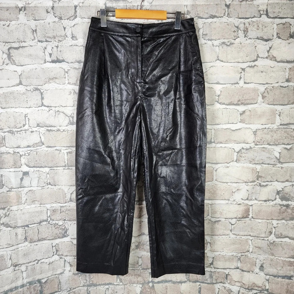 Oak + Fort Vegan Leather Cropped Pants Taper Leg High Waist Black Size Medium - Picture 4 of 12